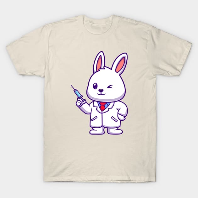 Cute Rabbit Doctor Holding Injection Cartoon T-Shirt by Catalyst Labs